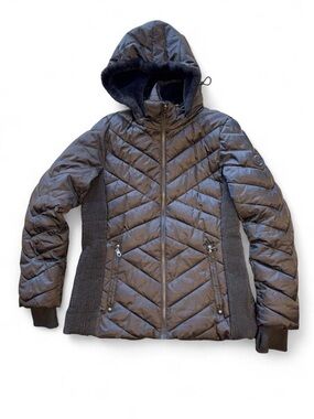 Nautica Black Hooded Stretch Puffer Women's Jacket Size Large Faux Fur Hood